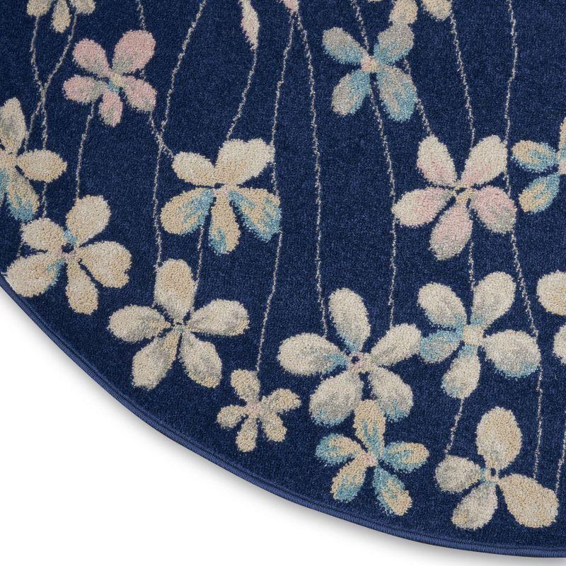 Handmade Navy Floral Viscose Round Area Rug, 63" Diameter