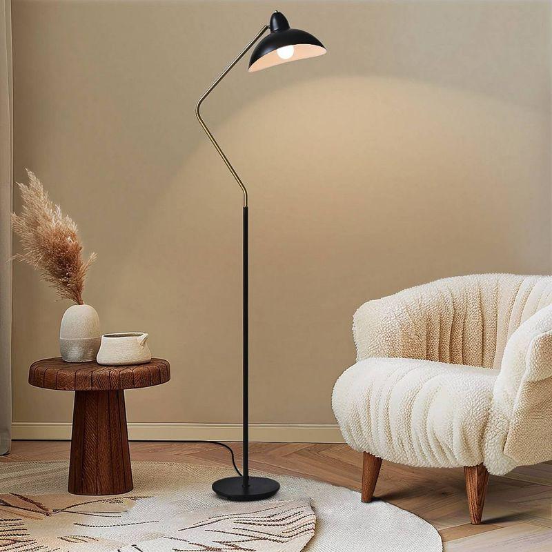 Brightech Swoop 69 in. Mid Century Modern Adjustable Curved Black Standing Lamp with Metal Bowl Shade and Gold Finish - LED Bulb Included