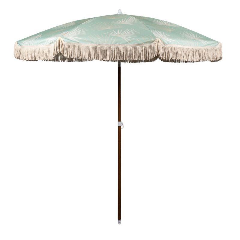 Palm Beach Green Canvas Fringe Beach Umbrella with Brown Pole