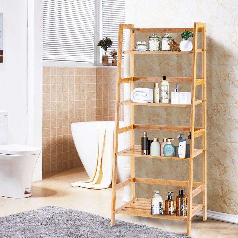 Costway Multifunctional 4 Shelf Bamboo Bookcase Ladder Plant Flower Stand Rack Storage White/Natural