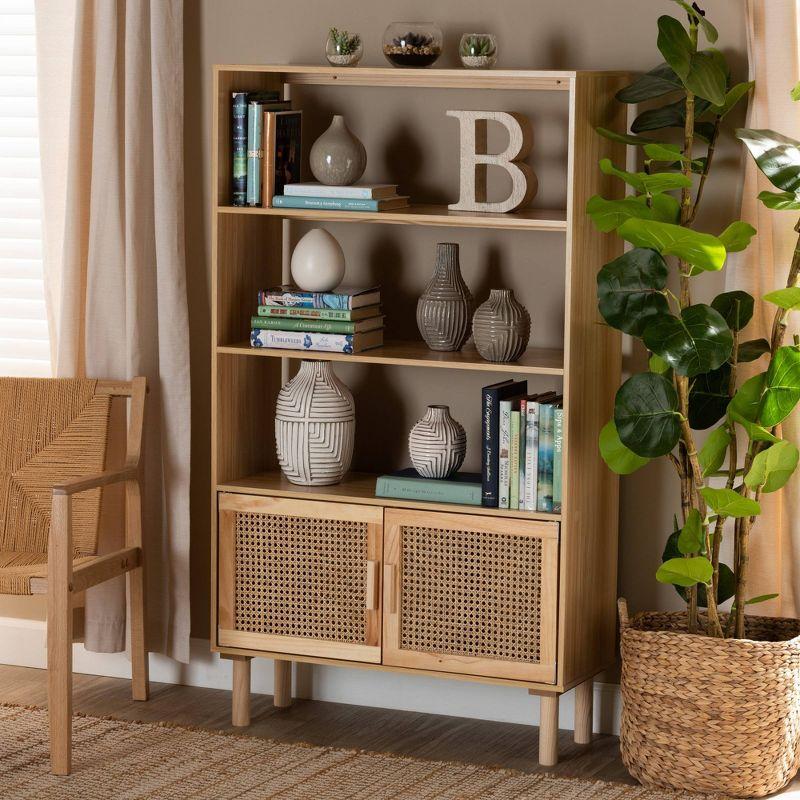 55.1" Faulkner Natural Wood Rattan 2 Door Bookcase Brown - Baxton Studio: Mid-Century Design, 3 Shelves