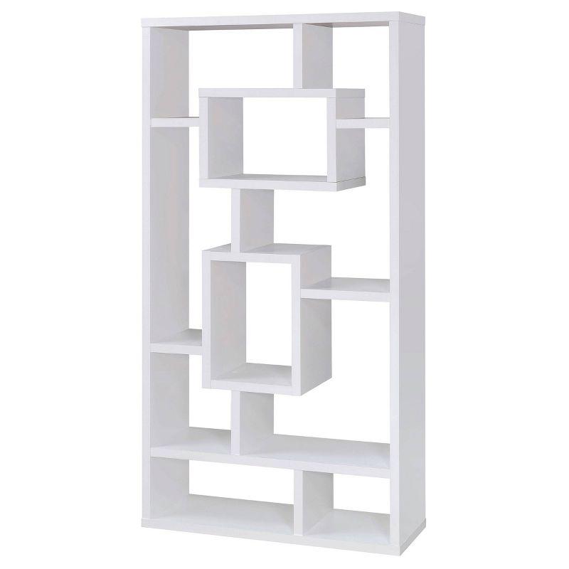 Contemporary White Wood Ladder Bookcase with 10 Varied Shelves