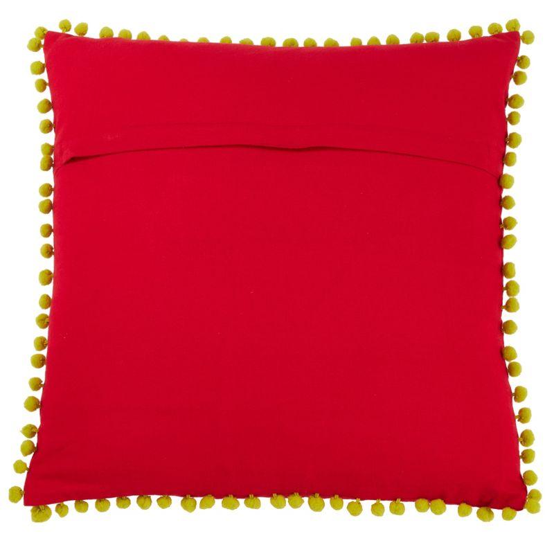 Red Cotton Embroidered Sugar Skull Pillow Cover with Pom Pom Edge