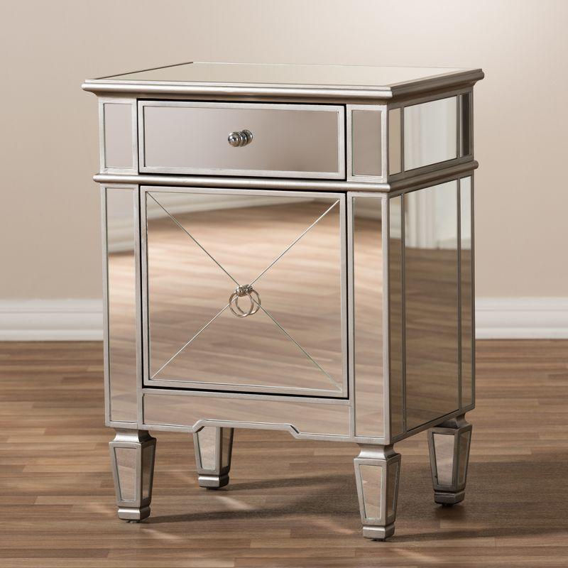 Claudia Hollywood Regency Glamour Style Mirrored Nightstand - Baxton Studio: Silver Lacquered, MDF Composite, No Assembly Required