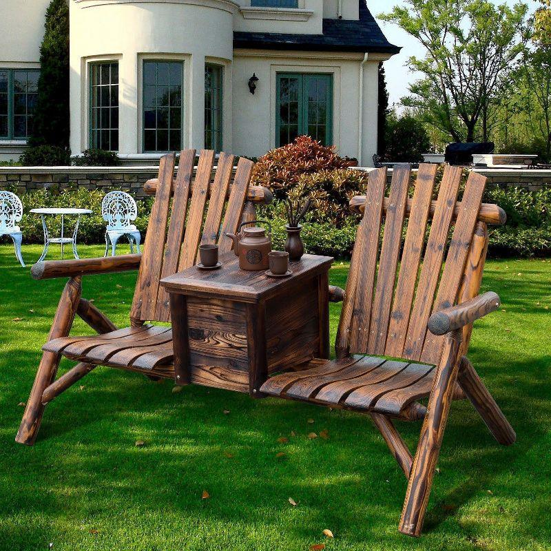 Rustic Brown Fir Wood Double Adirondack Loveseat with Ice Bucket