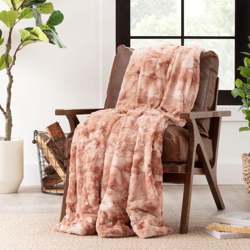 Chanasya Wolf Faux Fur Throw Blanket with Plush Faux Shearling Side - 50" x 65” - Rose Dust