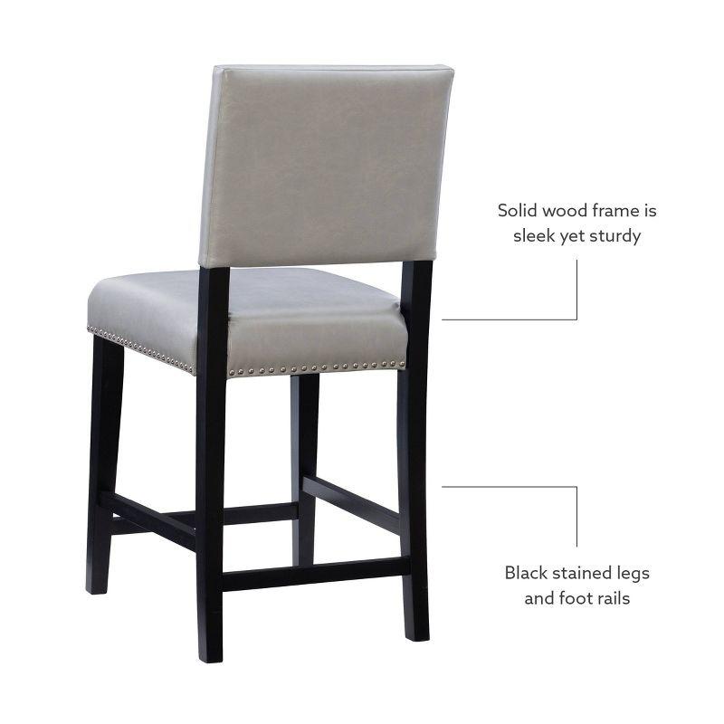 24" Brook Padded Back Faux Leather Nailhead Counter Height Barstool Gray - Linon: Solid Hardwood Frame, Footrails