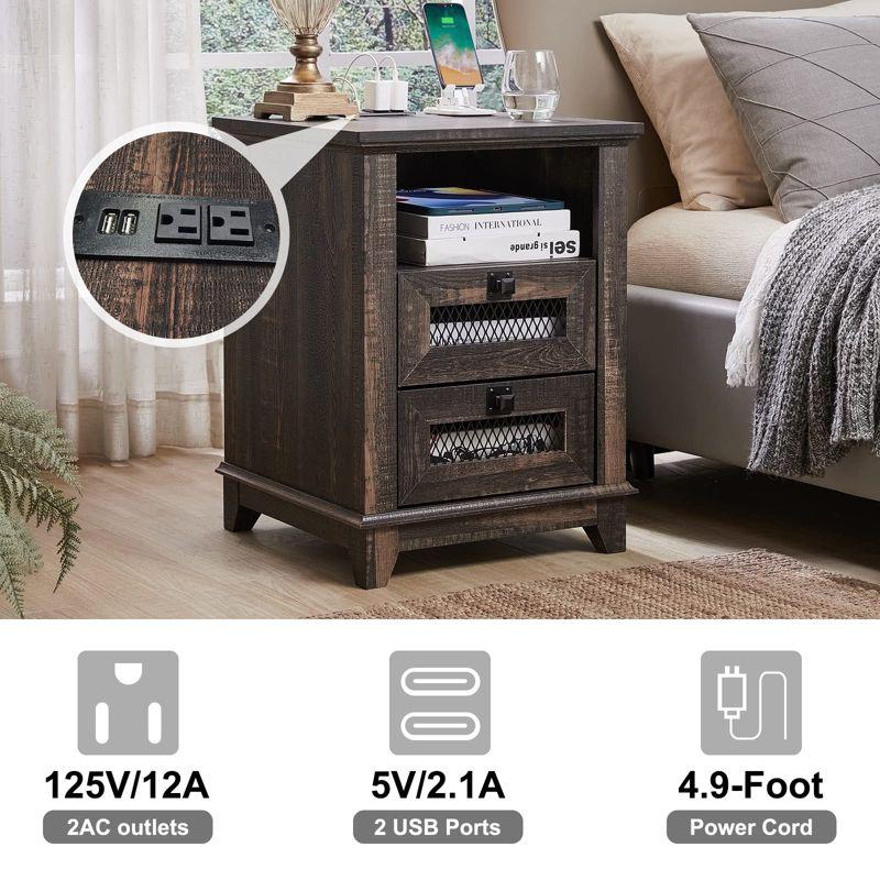 OKD 18'' Nightstand with Charging Station & 2 Drawers, Square End Table