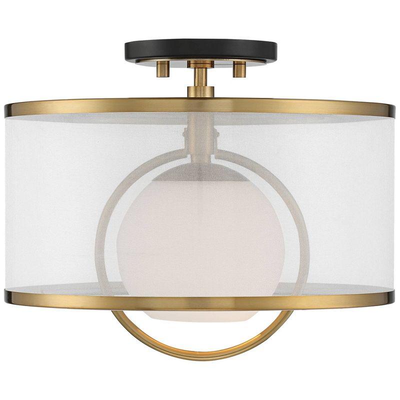 Possini Euro Design Carlyn Modern Art Deco Ceiling Light Semi Flush Mount Fixture 14" Wide Warm Brass Black Orb Organza Drum Shade for Bedroom Kitchen