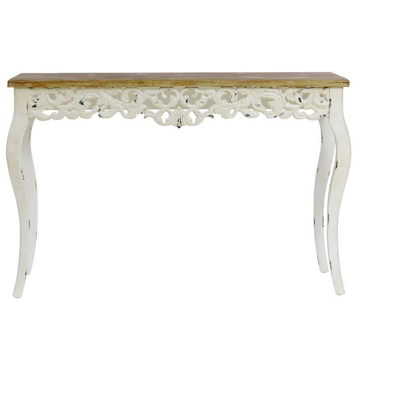 Victorian Off-White and Natural Wood Console Table with Storage