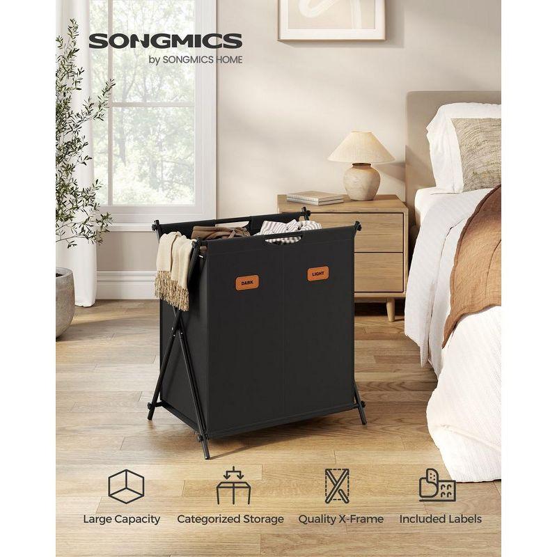 SONGMICS Laundry Hamper, Laundry Basket, Laundry Sorter 2 Sections, Collapsible X-Frame, Clothes Organizer with Customizable Labels, Ink Black