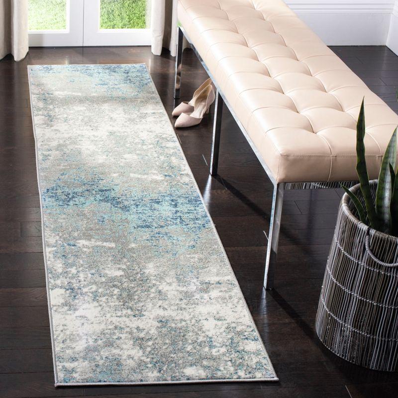 Gray and Blue Abstract Synthetic Runner Rug