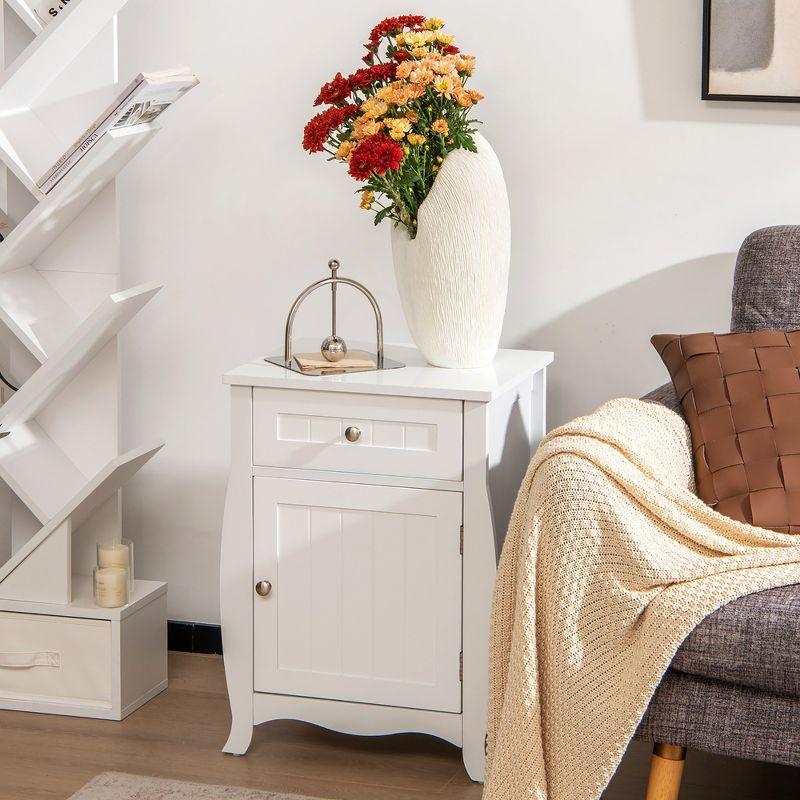 White MDF Nightstand with Drawer and Curved Legs