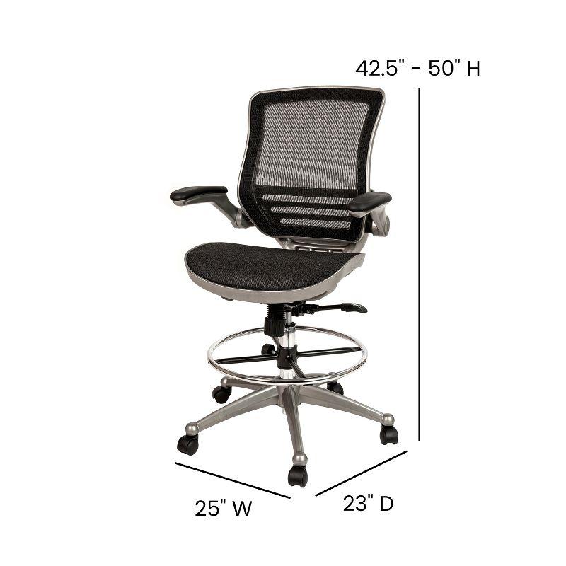 Flash Furniture Mid-Back Transparent Black Mesh Drafting Chair with Graphite Silver Frame and Flip-Up Arms