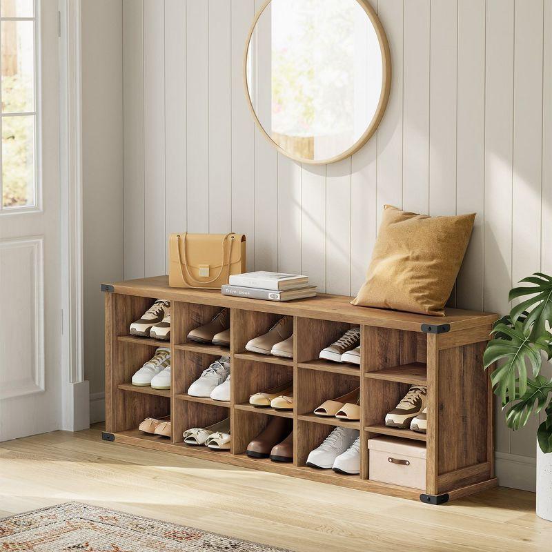 Honey Brown 15-Compartment Shoe Storage Bench with Adjustable Shelves