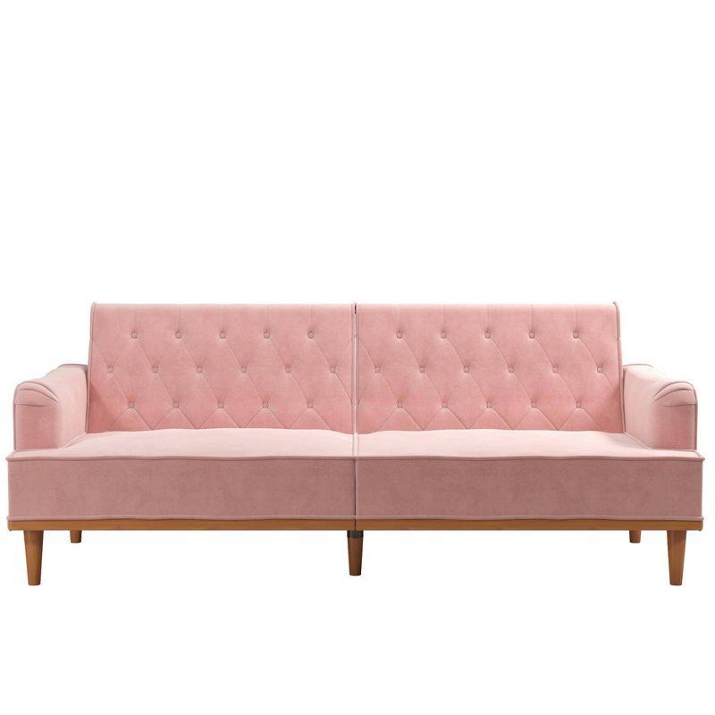 Stella Vintage Pink Velvet Convertible Sofa Bed with Wood Trim