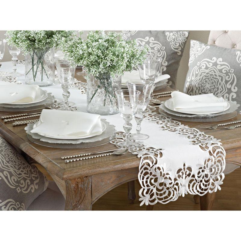 Elegant White Floral Cutwork Polyester Table Runner