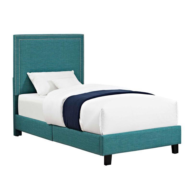 Teal Transitional Twin Upholstered Platform Bed with Nailhead Trim