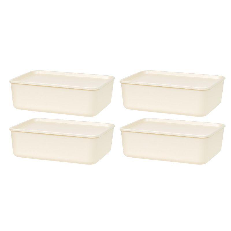 IRIS USA Plastic Modular Basket Bin & Lid, Medium, 4-Pack, Stackable Lidded Storage Organizer Bins for-Kitchen-Bathroom and Bedroom, OFF White