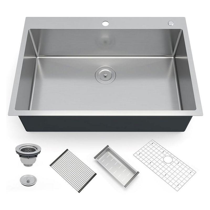 Whizmax Drop in Kitchen Sink, 16 Gauge Stainless Steel Kitchen Sink Top Mount Single Bowl Deep Kitchen Sink and Accessories, Workstation Sink