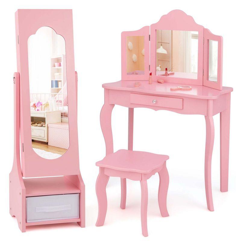 Infans Kids Vanity Table & Stool Princess Dressing Make Up Play Set for Girls Pink