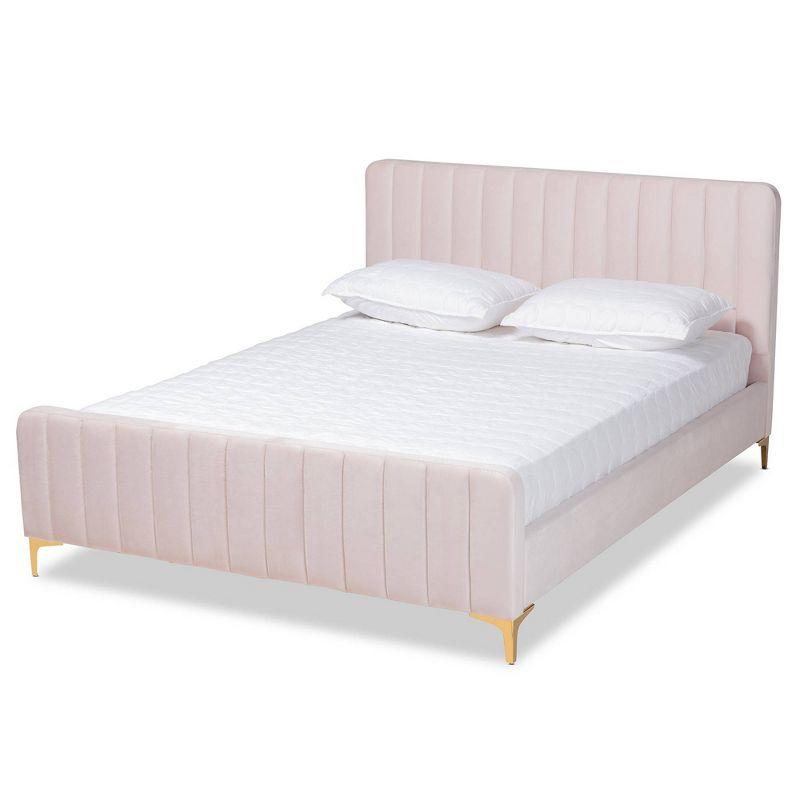 King Nami Velvet Platform Bed Light Pink/Gold - Baxton Studio: Upholstered, No Box Spring Needed