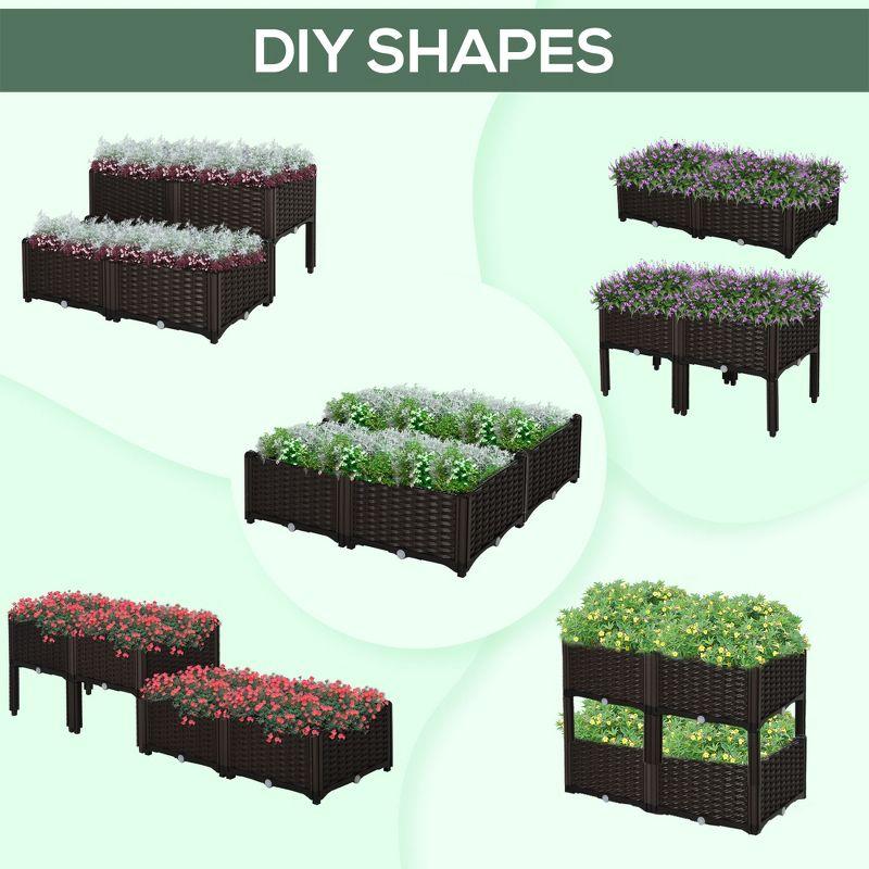 Outsunny 4-Piece Raised Garden Bed Planter Raised Bed with Self-Watering Design and Drainage Holes for Flowers, Brown