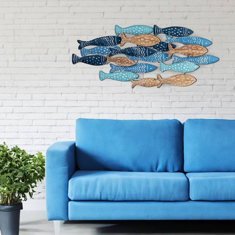 Hand-Painted Blue and Beige Metal School of Fish Wall Decor