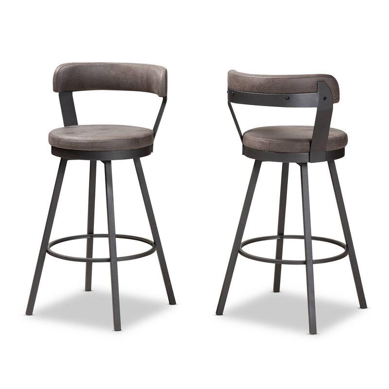 Arcene Antique Gray Faux Leather Swivel Barstools with Metal Frame, Set of 2