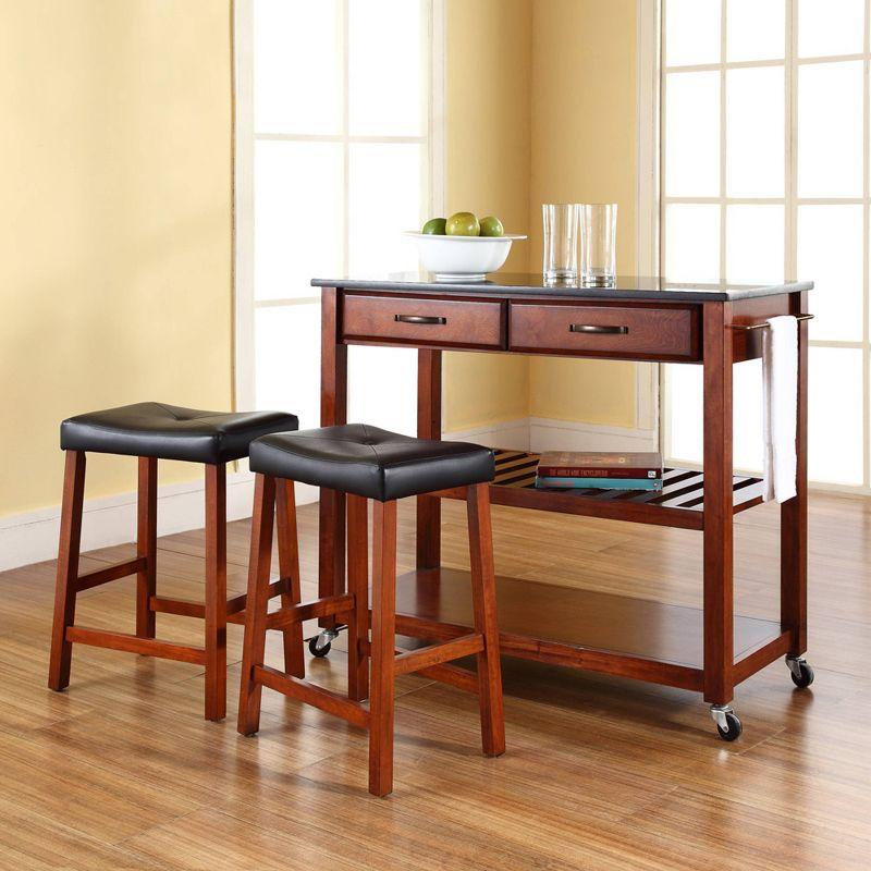 Cherry Finish Granite Top Kitchen Cart with Storage and Saddle Stools