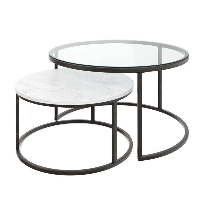 Nathan James Stella Nesting Coffee Tables Faux Carrara Marble Glass Black/White
