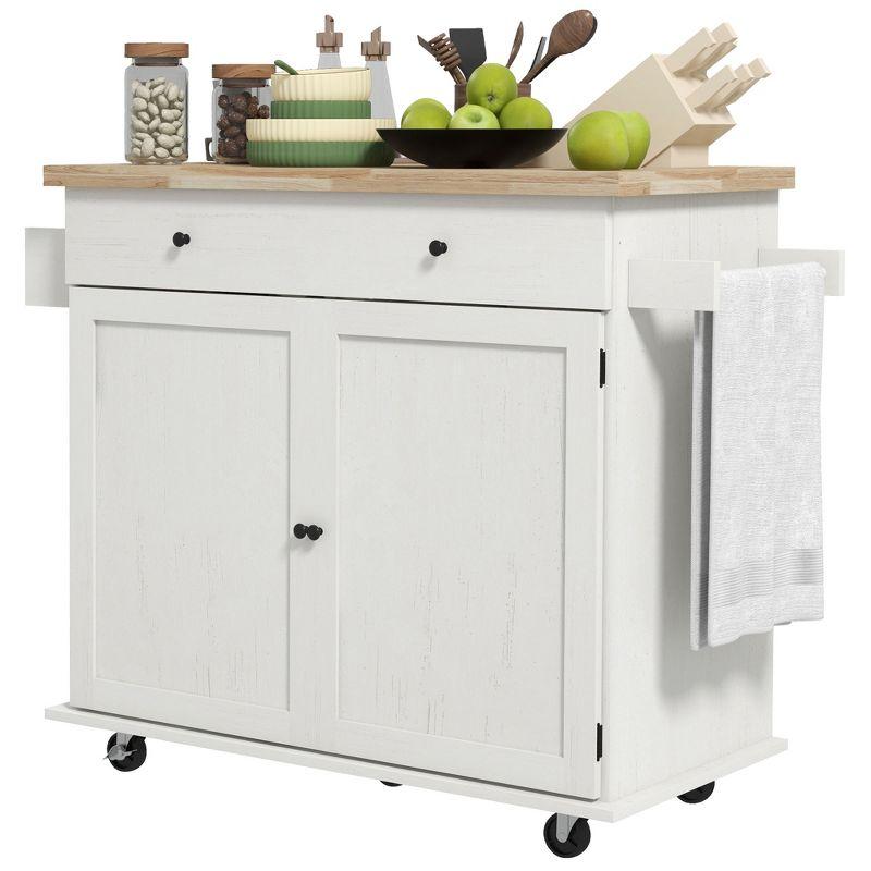 HOMCOM Rolling Kitchen Island with Storage Drawer, Wood Breakfast Bar Kitchen Island Cart 2 Doors, Spice Rack, Towel Racks and 2 Hooks, White