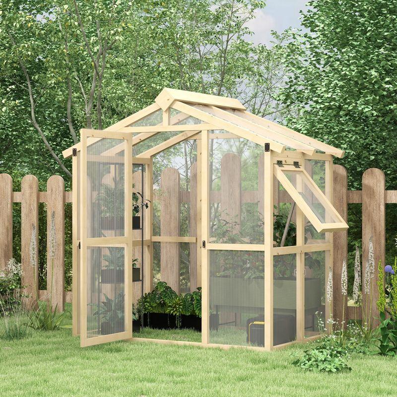 Outsunny 6.5' x 4' x 6.7' Walk-in Polycarbonate Greenhouse with Automatic Temperature Window and Lockable Door, Wood Frame