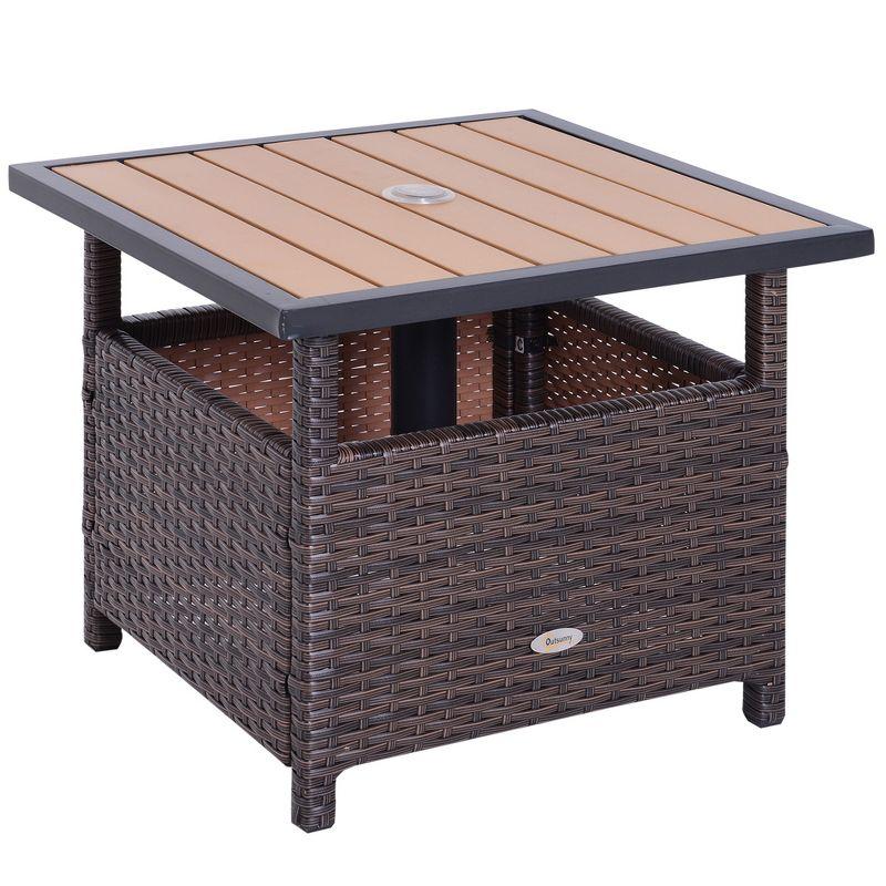 Outsunny 22'' Rattan Wicker Side Table with Steel Frame, Umbrella Insert Hole, Sand Bag for Outdoor, Patio, Garden, Backyard, Brown