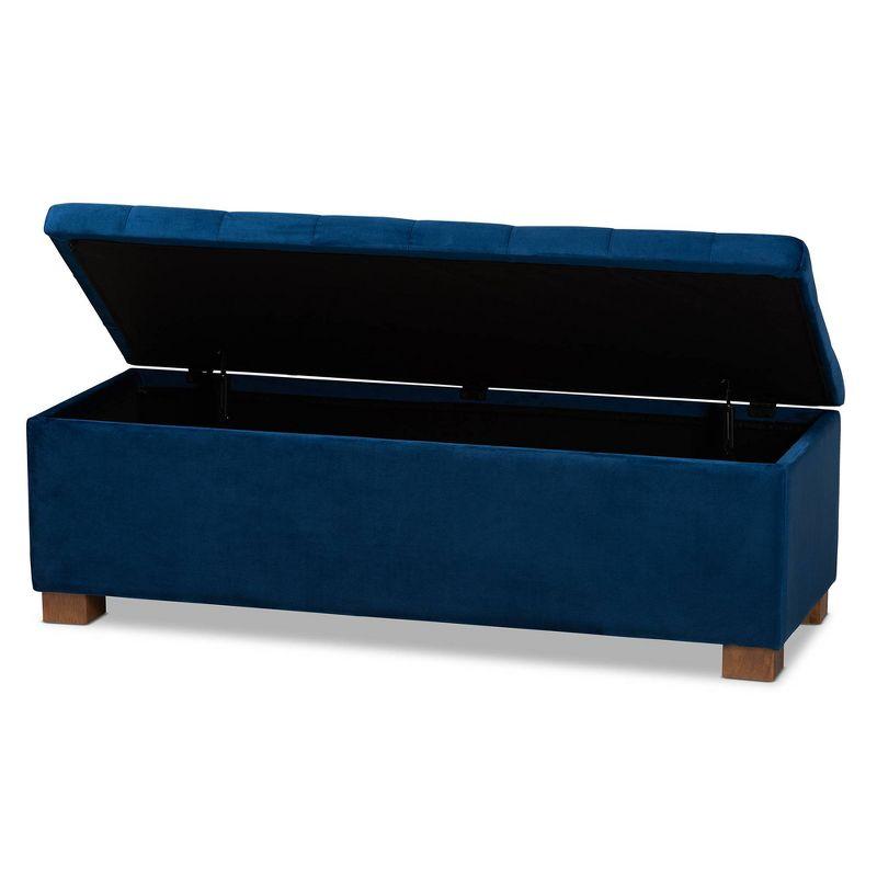 Navy Blue Velvet Tufted Storage Bench with Walnut Legs