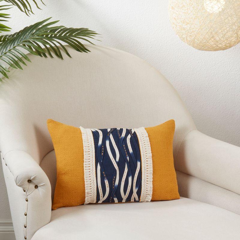 Mustard and Navy Wavy Stitched Rectangular Throw Pillow