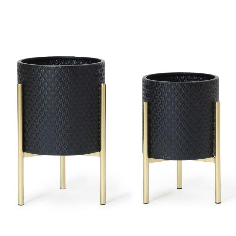 Black Diamond Pattern Metal Planter Set with Gold Stands