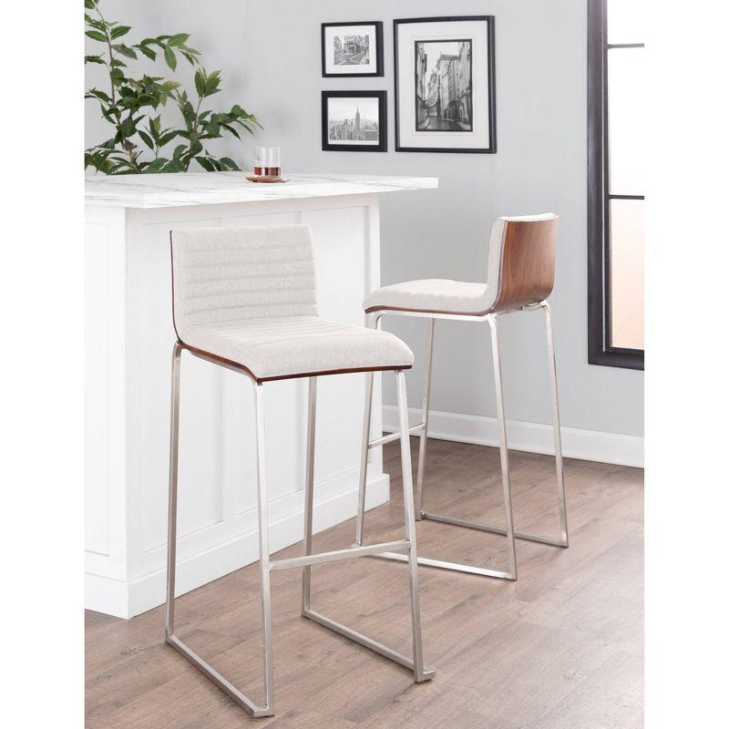 Set of 2 Mason Mara Barstools Stainless Steel/Walnut/Cream - LumiSource: Upholstered, Fixed Height, Foam Filled