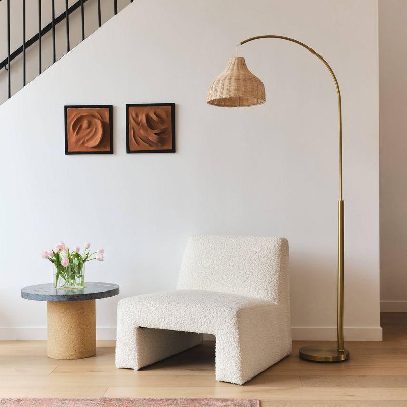 Lark 75 in. LED Arc Boho Floor Lamp with Rattan Shade and Brass Finish