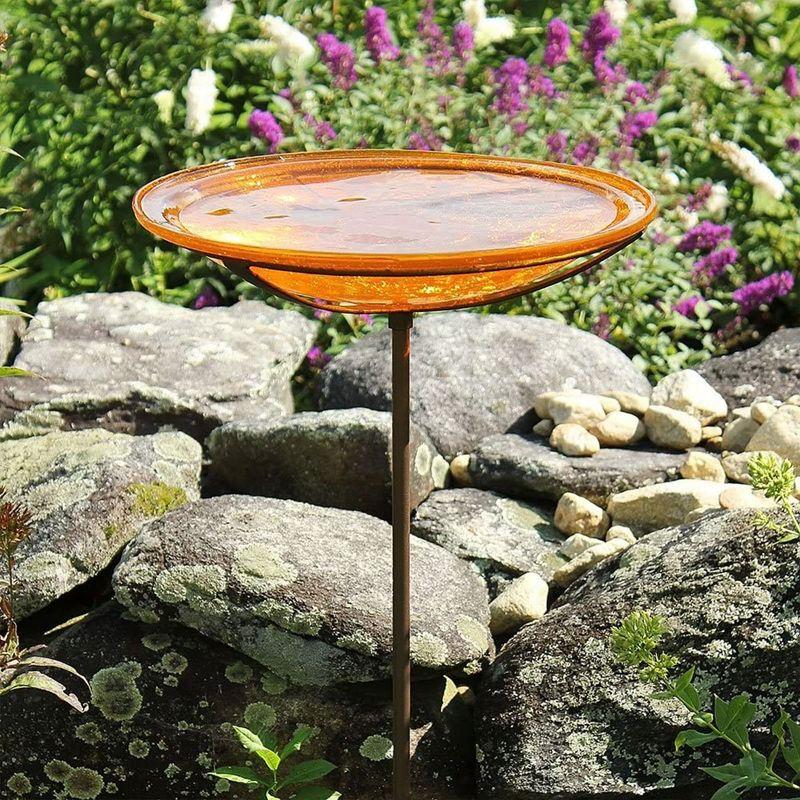 Achla Designs Reflective 14 Inch Hand Blown Crackle Glass Birdbath with 36 Inch Tall Ground Stake for Backyard Gardens and Habitats, Mandarin