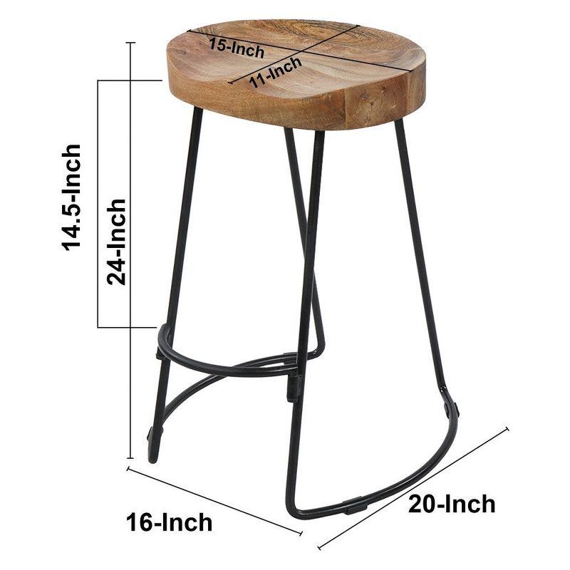 The Urban Port 24 Inch Mango Wood Industrial Counter Height Stool, Saddle Seat, Iron, Set of 2, Brown, Black