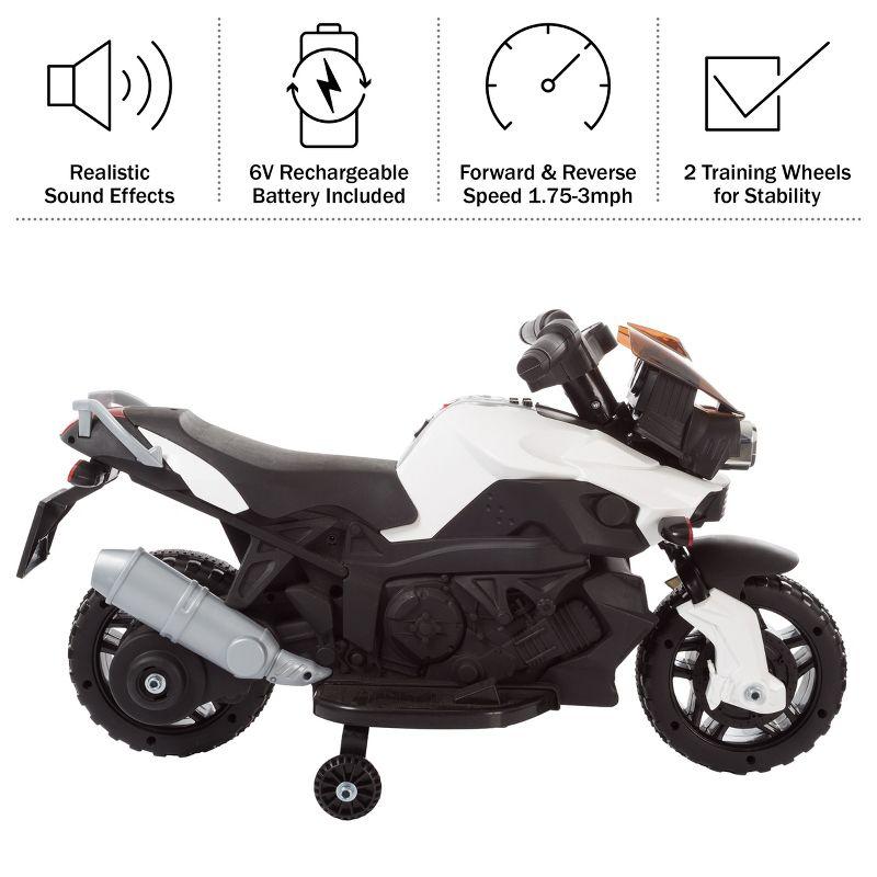 Toy Time Kids Motorcycle - Electric Ride-On with Training Wheels and Reverse Function - White and Black