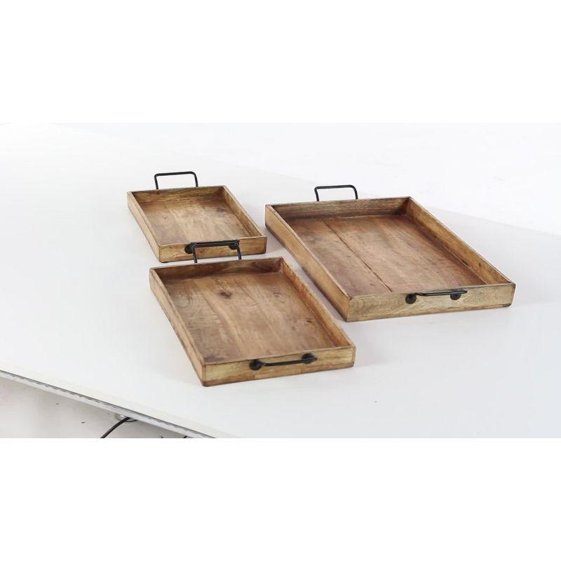 Set of 3 Farmhouse Slat Style Mango Wood and Iron Trays Brown - Olivia & May: Ottoman, Basket Design, 24-Inch