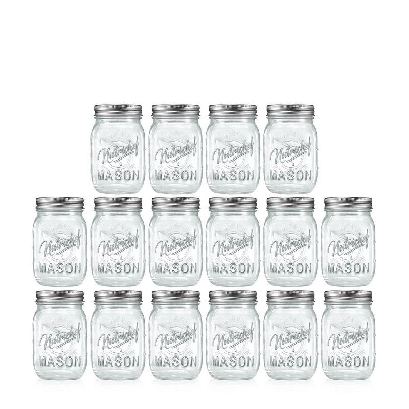 NutriChef 16 Pcs. Glass Mason Jars with Regular Lids and Bands, DIY Magnetic Spice Jars, Ideal for Meal Prep, Jam, Honey, Wedding Favors, and more