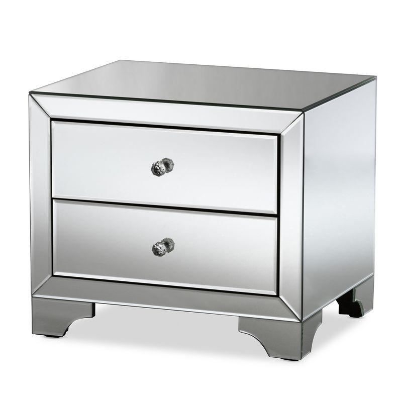 Elegant Silver Mirrored 2-Drawer Nightstand with Crystal Handles