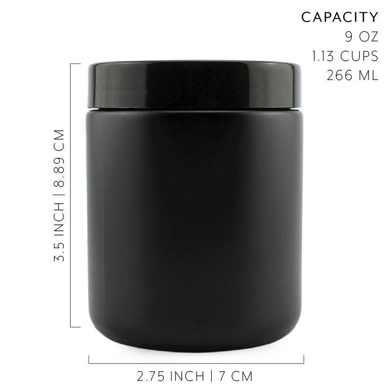 Cornucopia Brands 8oz /9oz Black Matte Coated Glass Cosmetic Jars (6pk) w/ Black Plastic Lids; Straight Sided for Body Butter, Creams, Scrubs