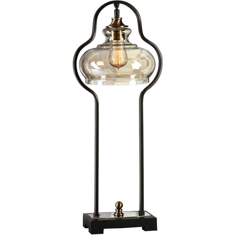 Aged Black Iron Arc Table Lamp with Glass Shade