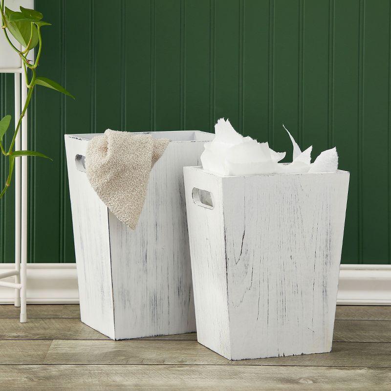 White-Washed Wooden Rustic Trash Can Set with Handles