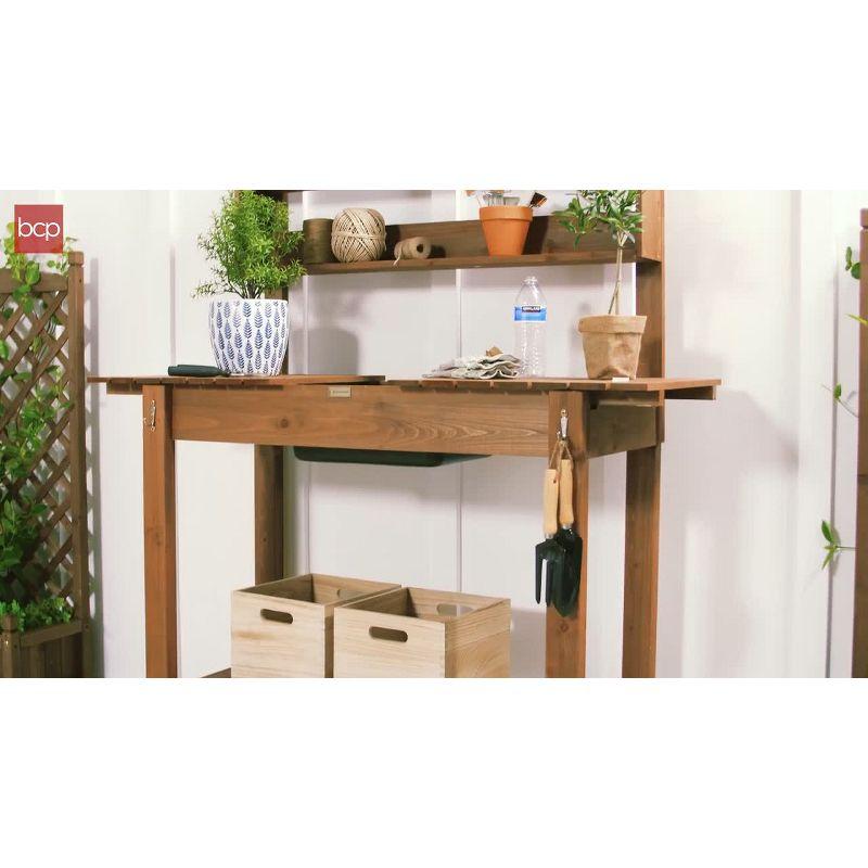 Best Choice Products Wood Garden Potting Bench Workstation Table w/ Sliding Tabletop, 4 Locking Wheels, Dry Sink - Brown