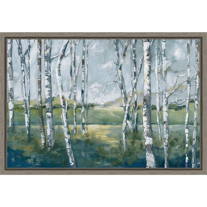 Woodland Magic Birch Trees Landscape Canvas Print in Greywash Frame